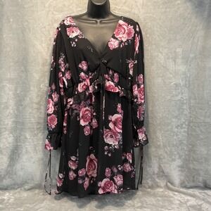 Xhilaration Womens Medium Black Pink Floral V-Neck Long Sleeve Ruffle Mini Dress